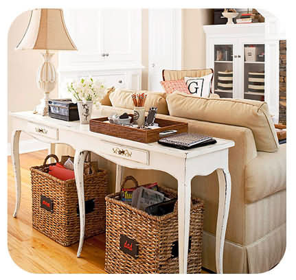 baskets under console table